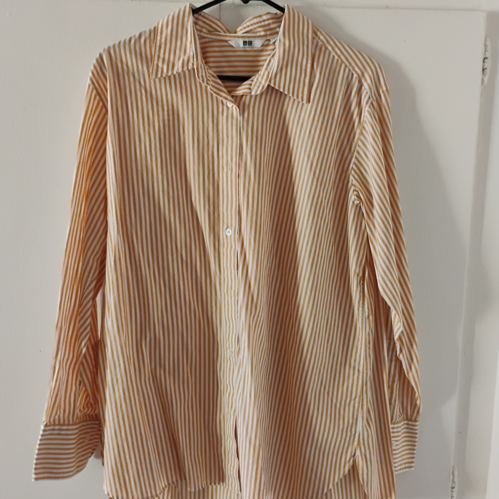 Uniqlo Women's Striped Tan Button Down Shirt